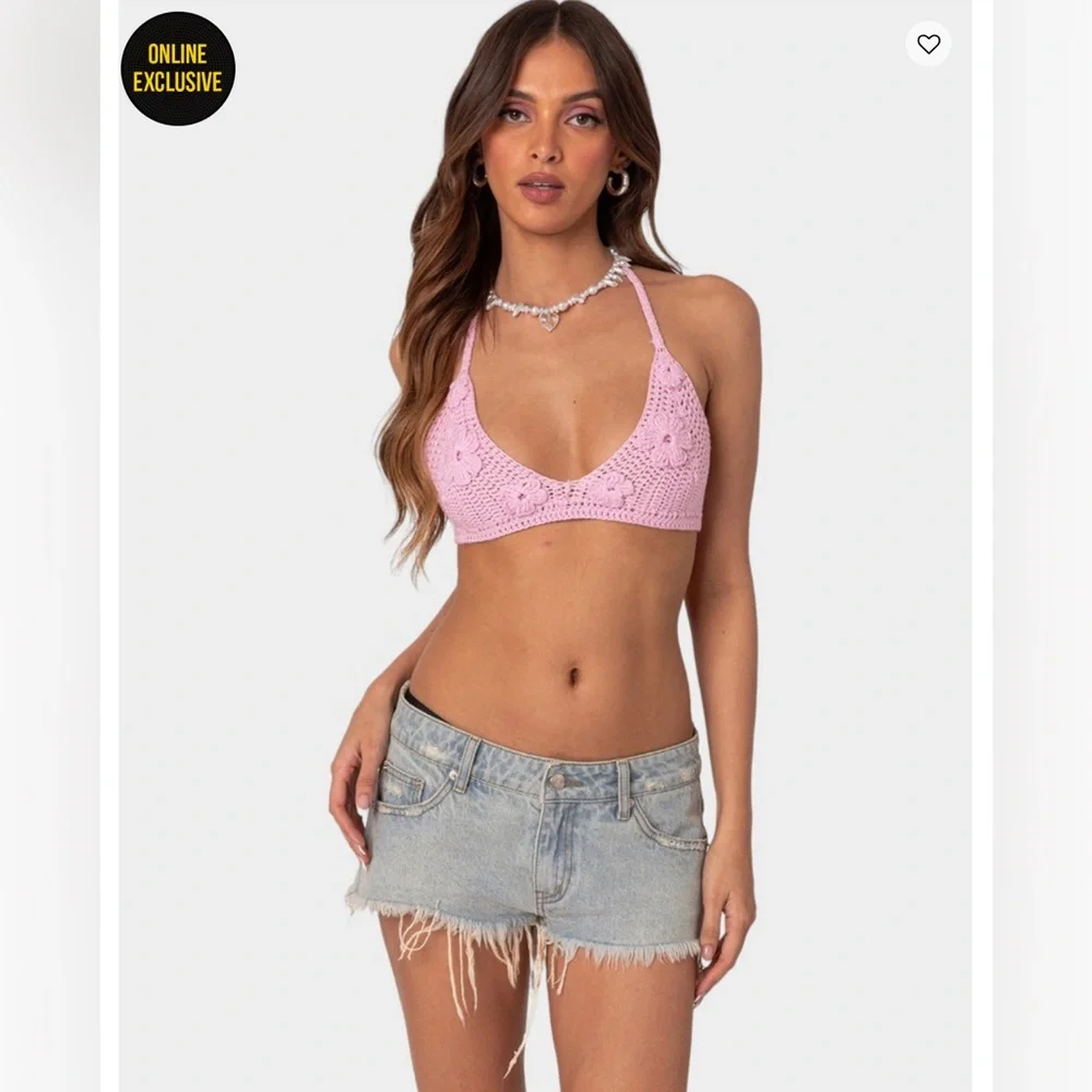 Edikted Pink Crochet Bikini Top and Tiered Coverup Set